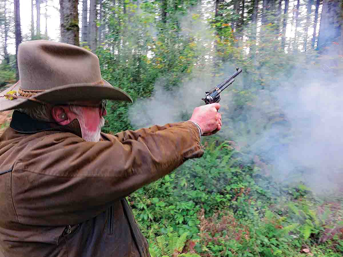 A full .44/40 load is fired by Allen Cunniff in his Flattop Model by Uberti from Dixie Gun Works.